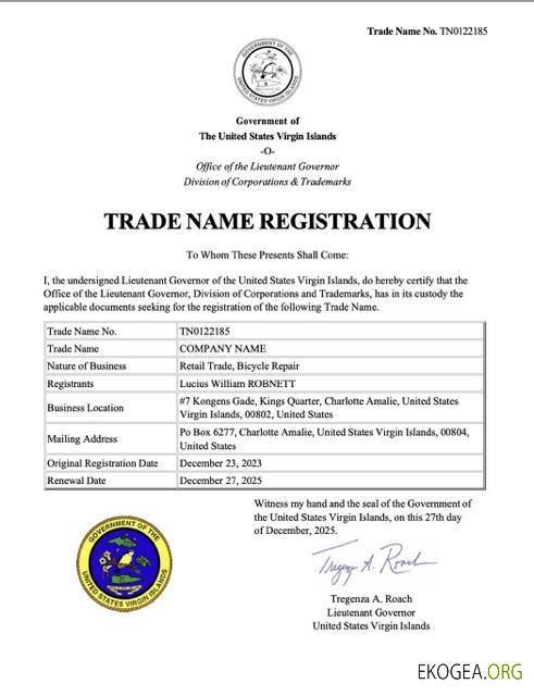 Modèle Word et PDF de certificat d'enregistrement de nom commercial des Îles Vierges